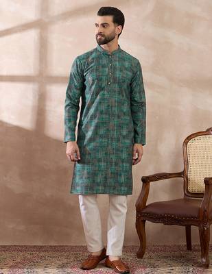 Men green silk blend printed mandarin collar straight kurta with trouser 5