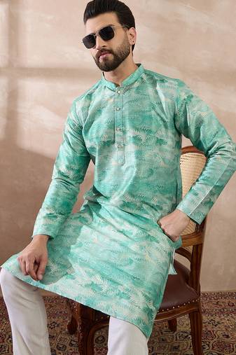 Men green silk blend printed mandarin collar straight kurta with trouser