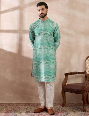 Men green silk blend printed mandarin collar straight kurta with trouser 3