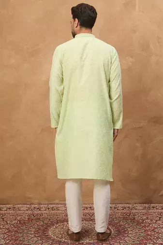 Men green silk blend solid embroidered straight kurta
