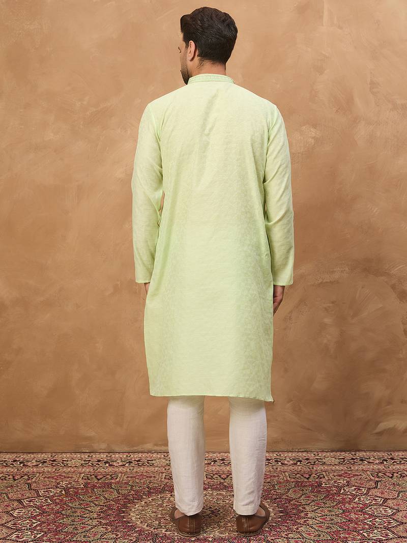 Men green silk blend solid embroidered straight kurta