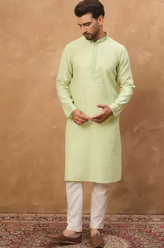 Men green silk blend solid embroidered straight kurta