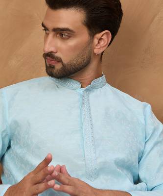 Men blue silk blend solid embroidered straight kurta 2