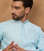 Men blue silk blend solid embroidered straight kurta