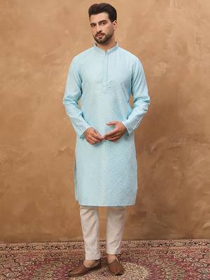 Men blue silk blend solid embroidered straight kurta 1