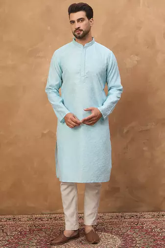 Men blue silk blend solid embroidered straight kurta
