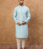 Men blue silk blend solid embroidered straight kurta