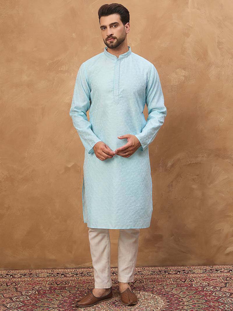 Men blue silk blend solid embroidered straight kurta