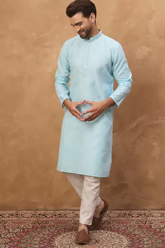 Men blue silk blend solid embroidered straight kurta