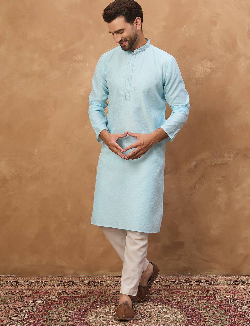Men blue silk blend solid embroidered straight kurta