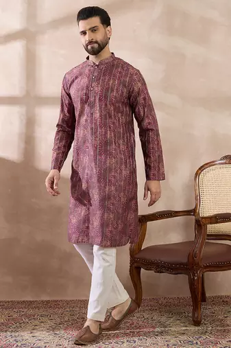 Men purple silk blend printed mandarin collar straight kurta with trouser