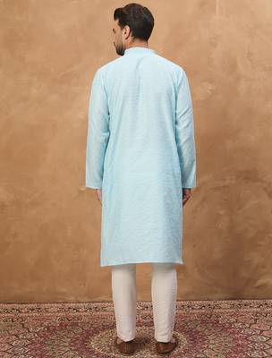 Men blue silk blend solid embroidered straight kurta 4