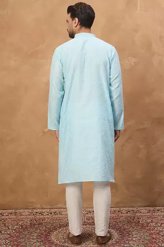 Men blue silk blend solid embroidered straight kurta