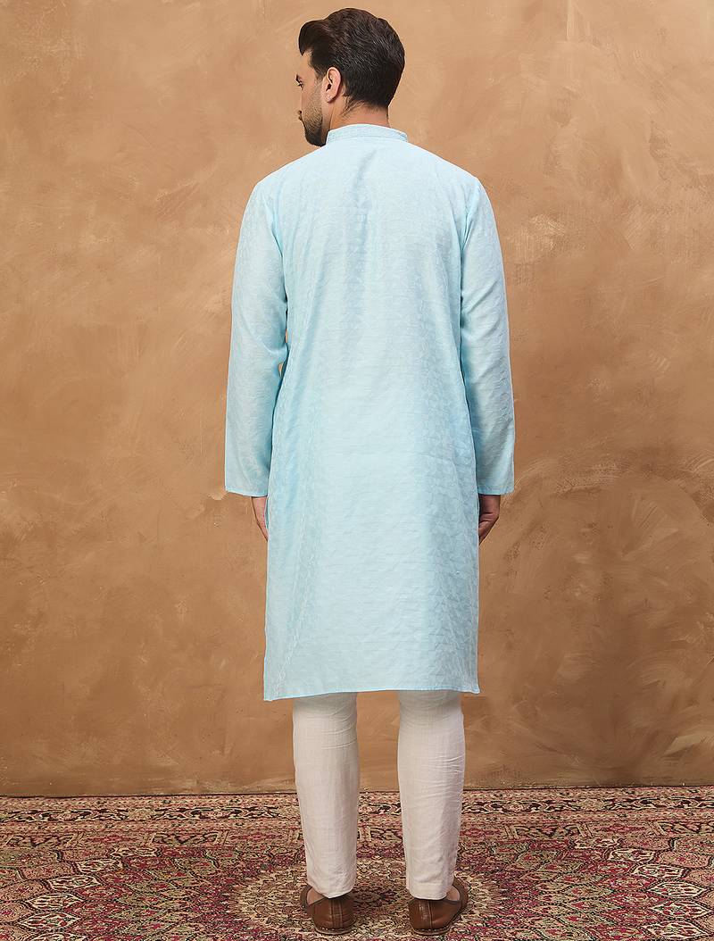 Men blue silk blend solid embroidered straight kurta