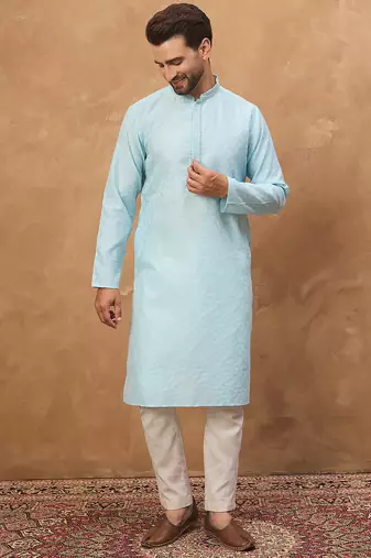 Men blue silk blend solid embroidered straight kurta