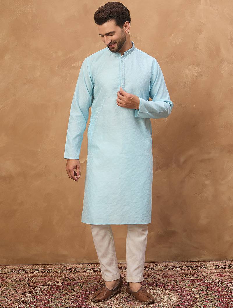 Men blue silk blend solid embroidered straight kurta