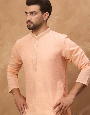 Men peach silk blend solid embroidered straight kurta 1