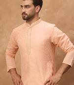 Men peach silk blend solid embroidered straight kurta