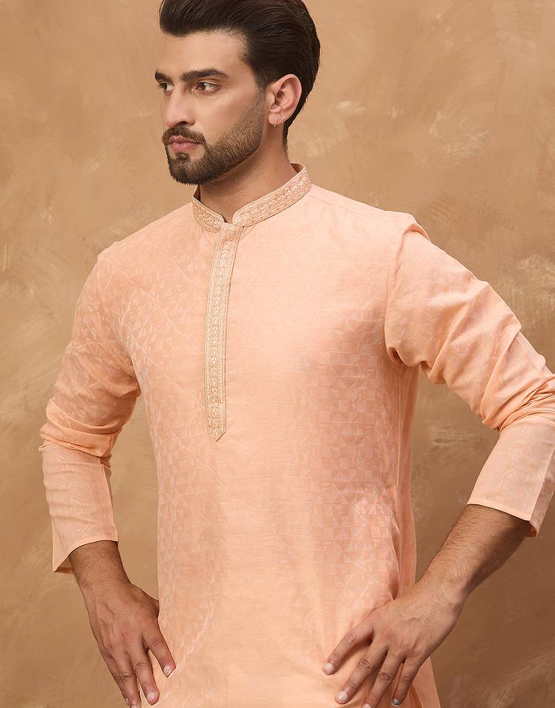 Men peach silk blend solid embroidered straight kurta