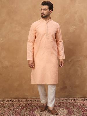 Men peach silk blend solid embroidered straight kurta 2