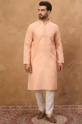 Men peach silk blend solid embroidered straight kurta