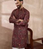 Men maroon silk blend printed mandarin collar straight kurta with trouser