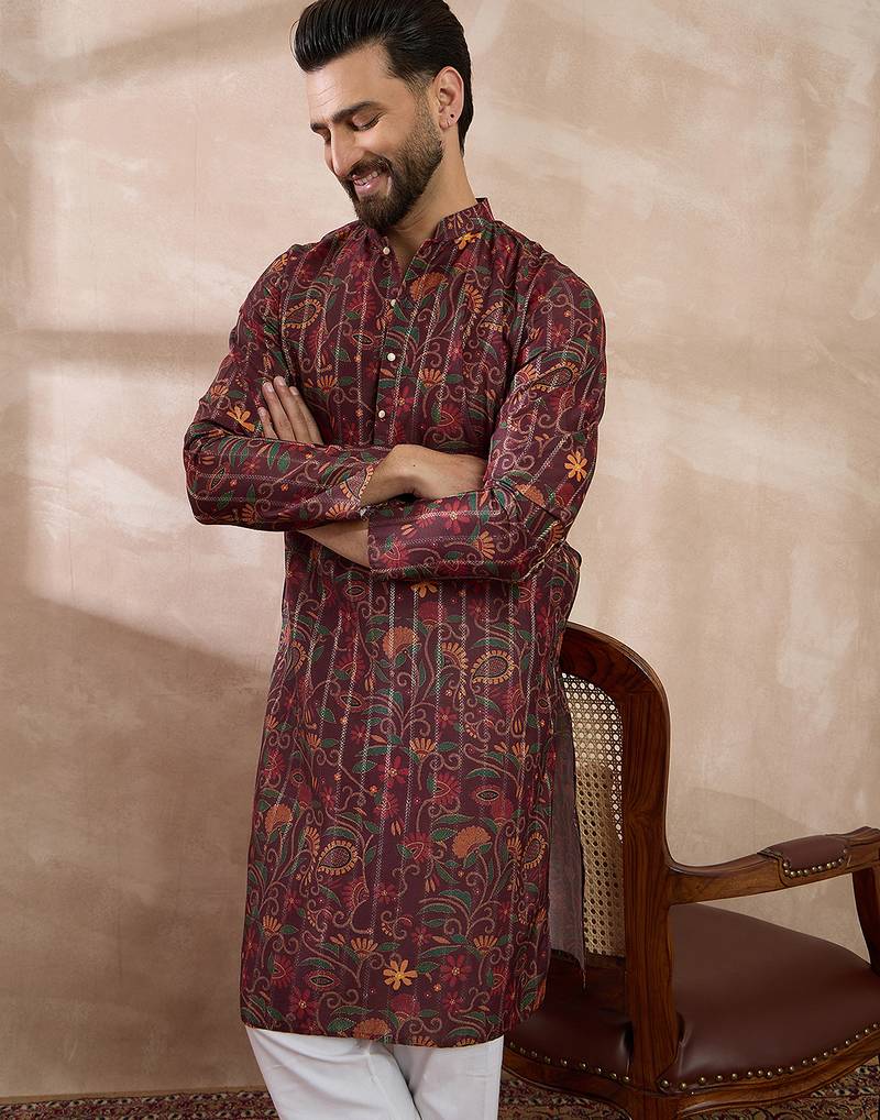 Men maroon silk blend printed mandarin collar straight kurta with trouser
