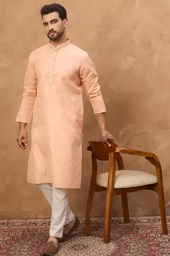 Men peach silk blend solid embroidered straight kurta