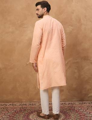 Men peach silk blend solid embroidered straight kurta 4