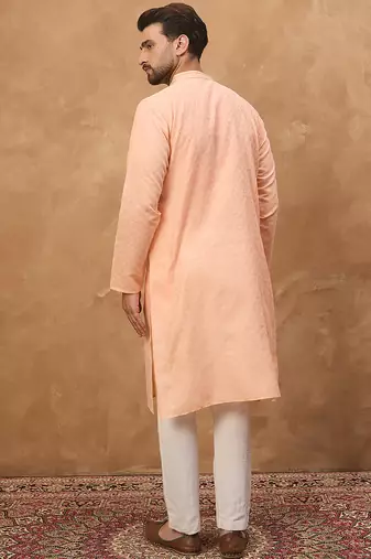 Men peach silk blend solid embroidered straight kurta