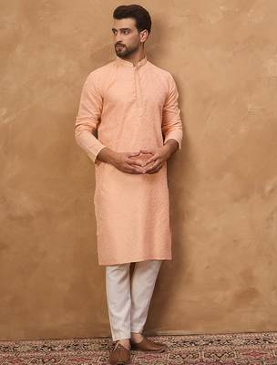 Men peach silk blend solid embroidered straight kurta 5