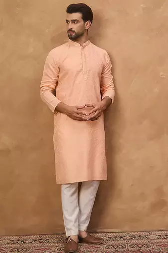 Men peach silk blend solid embroidered straight kurta