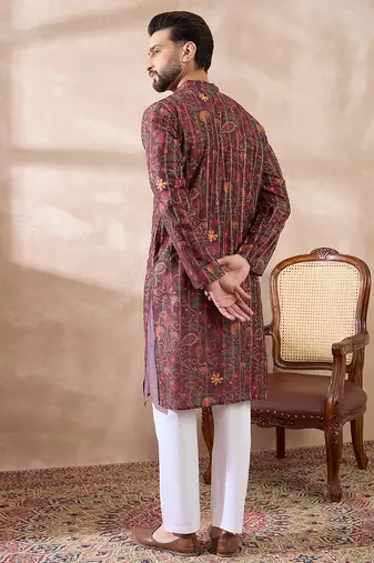 Men maroon silk blend printed mandarin collar straight kurta with trouser