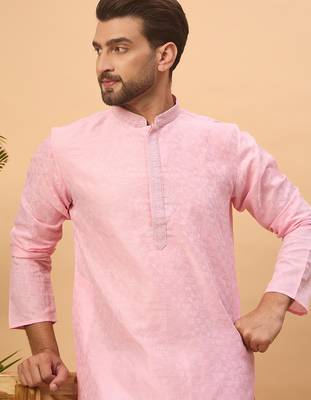 Men pink silk blend solid embroidered straight kurta 1