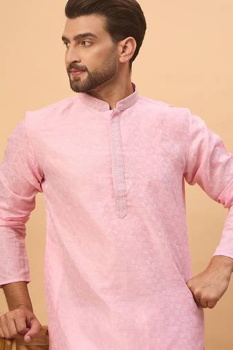 Men pink silk blend solid embroidered straight kurta