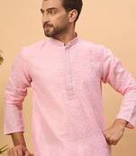 Men pink silk blend solid embroidered straight kurta