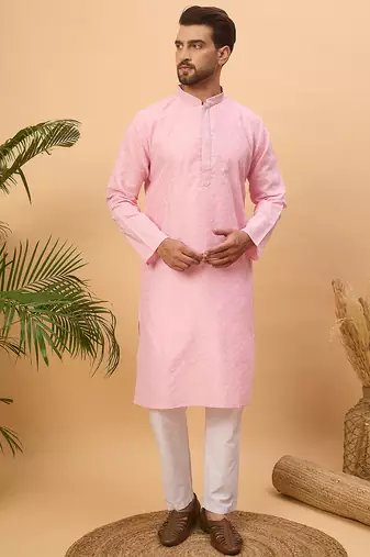 Men pink silk blend solid embroidered straight kurta