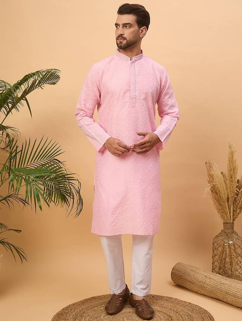 Men pink silk blend solid embroidered straight kurta