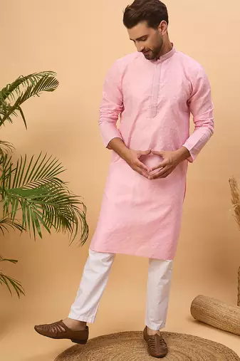 Men pink silk blend solid embroidered straight kurta