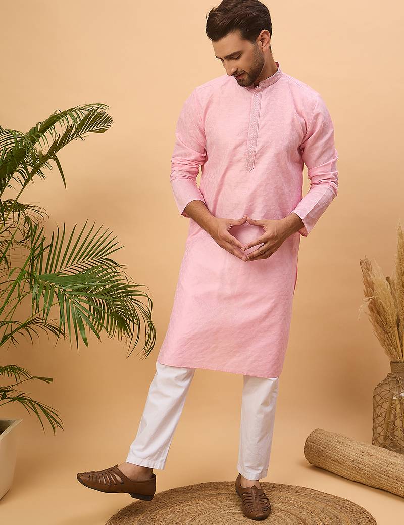 Men pink silk blend solid embroidered straight kurta