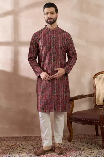 Men maroon silk blend printed mandarin collar straight kurta with trouser
