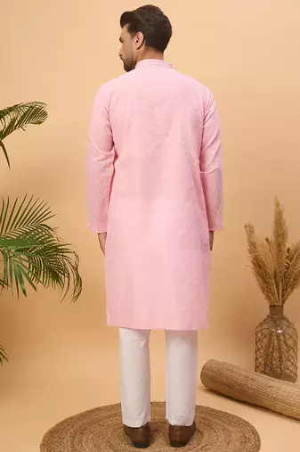 Men pink silk blend solid embroidered straight kurta