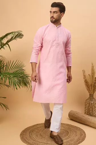 Men pink silk blend solid embroidered straight kurta