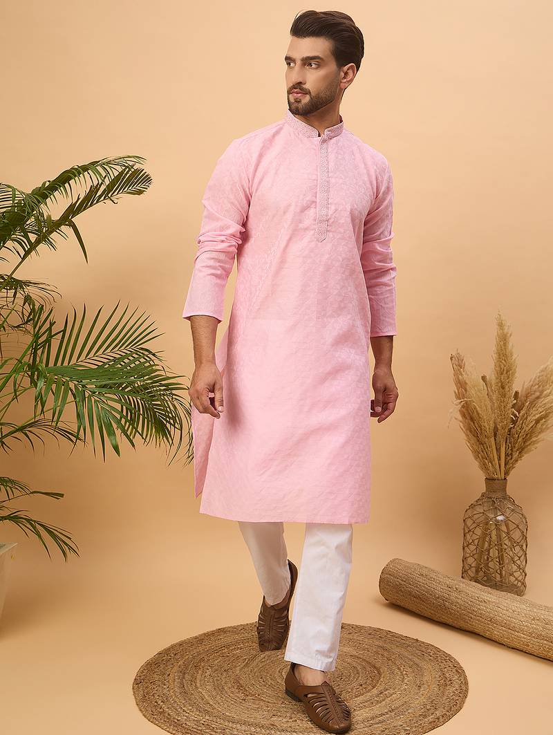 Men pink silk blend solid embroidered straight kurta