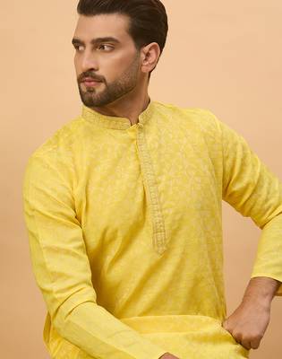 Men yellow silk blend solid embroidered straight kurta 2