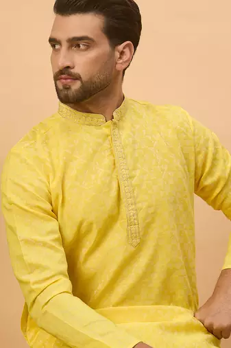 Men yellow silk blend solid embroidered straight kurta