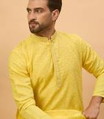 Men yellow silk blend solid embroidered straight kurta