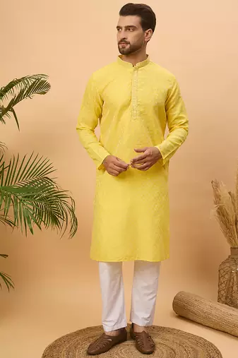 Men yellow silk blend solid embroidered straight kurta