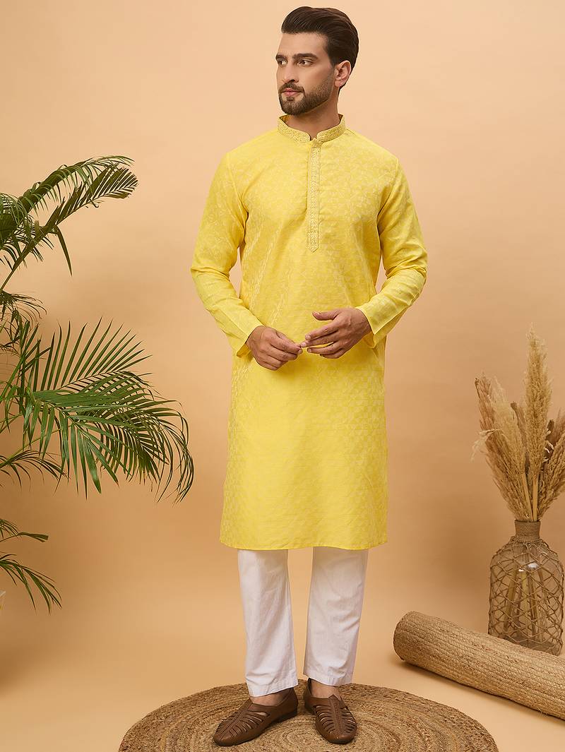 Men yellow silk blend solid embroidered straight kurta