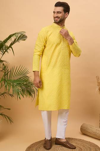 Men yellow silk blend solid embroidered straight kurta